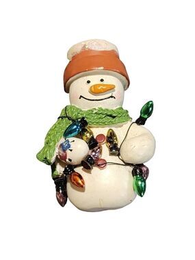 Vtg Mini Snowman pin brooch flowerpot hat scarf wrapped in lights
